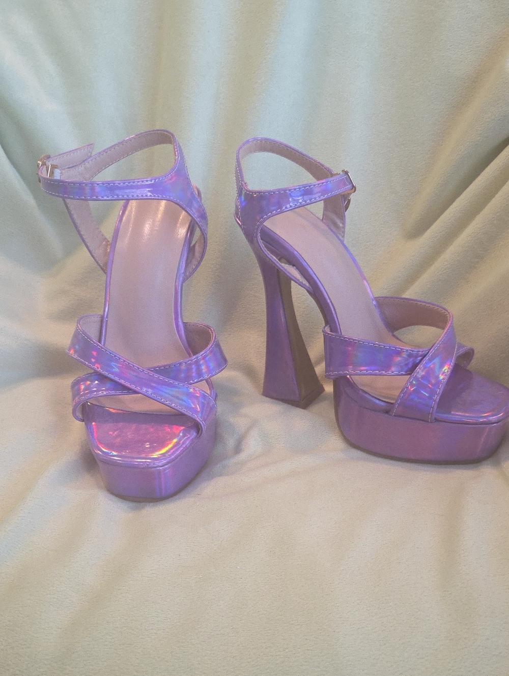 Purple Holographic Platform Ankle-Strap Heels